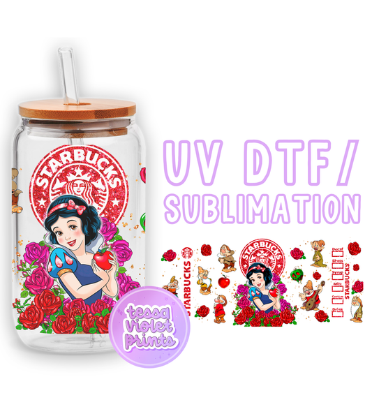 a glass jar with a sticker of snow white and red roses on it