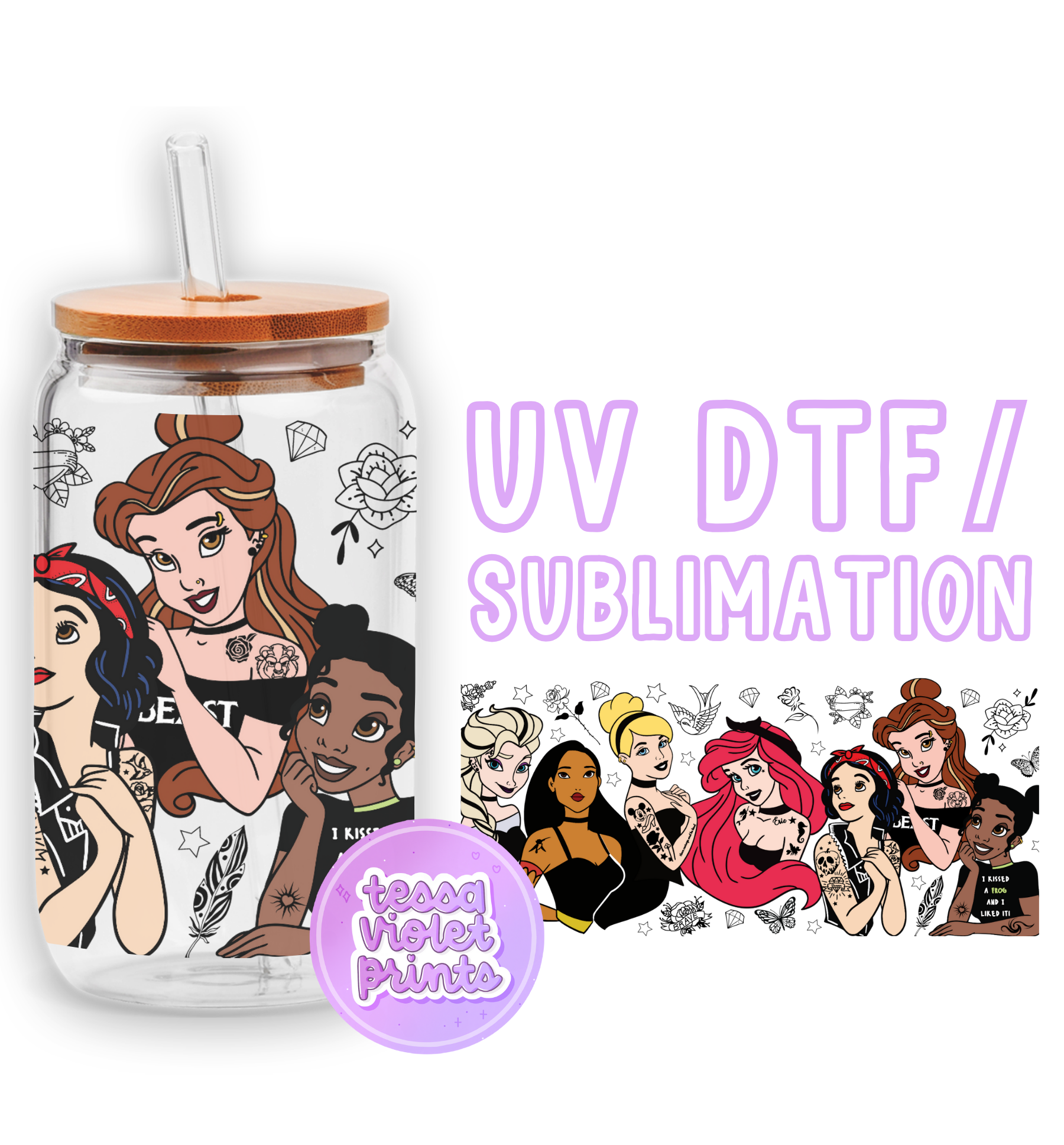 a glass jar with a picture of disney characters on it