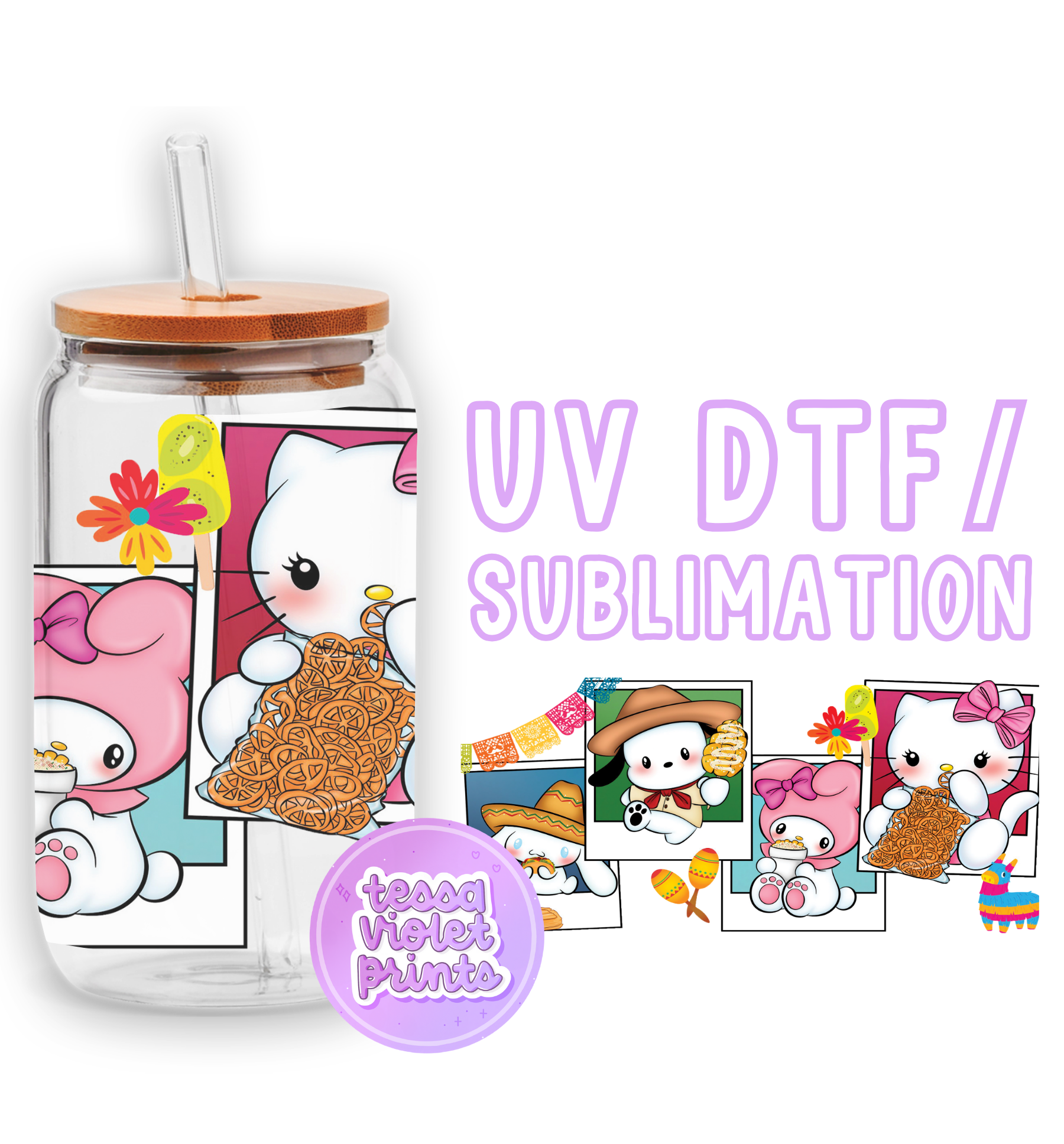 a glass jar with pictures of animals and a straw in it