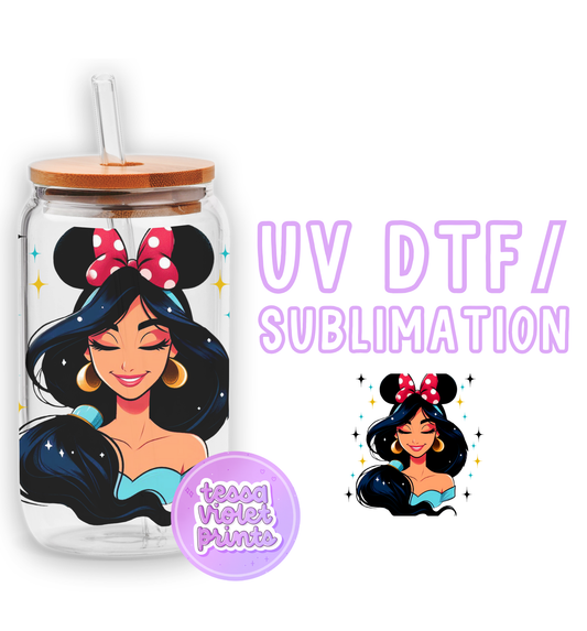 a glass jar with a picture of a woman wearing a minnie mouse head