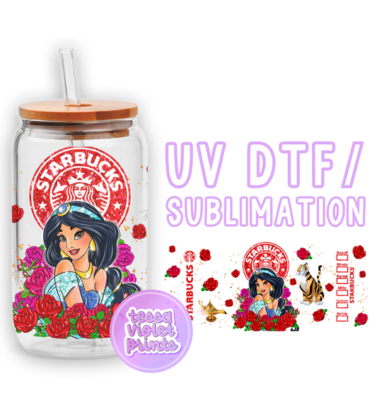 a glass jar with a sticker of a woman holding roses