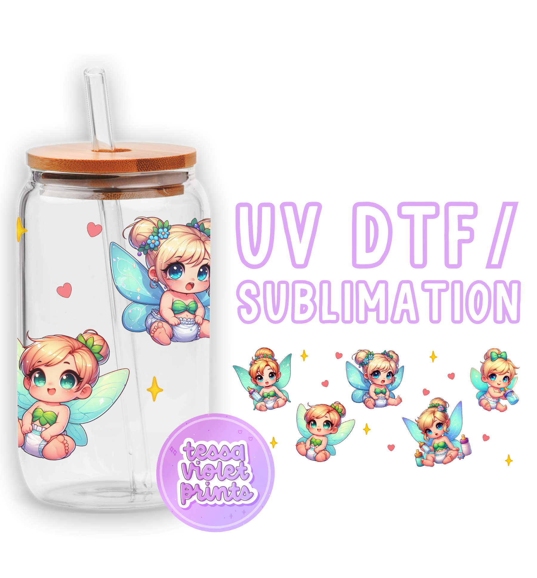 a glass cup with a picture of a fairy on it