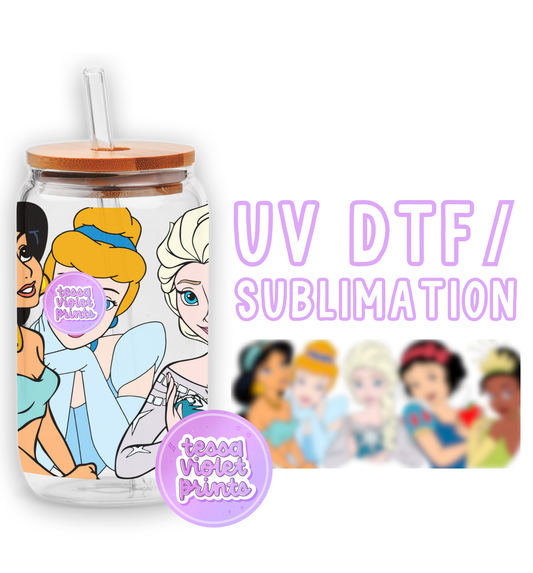 a glass jar with a picture of princesses on it