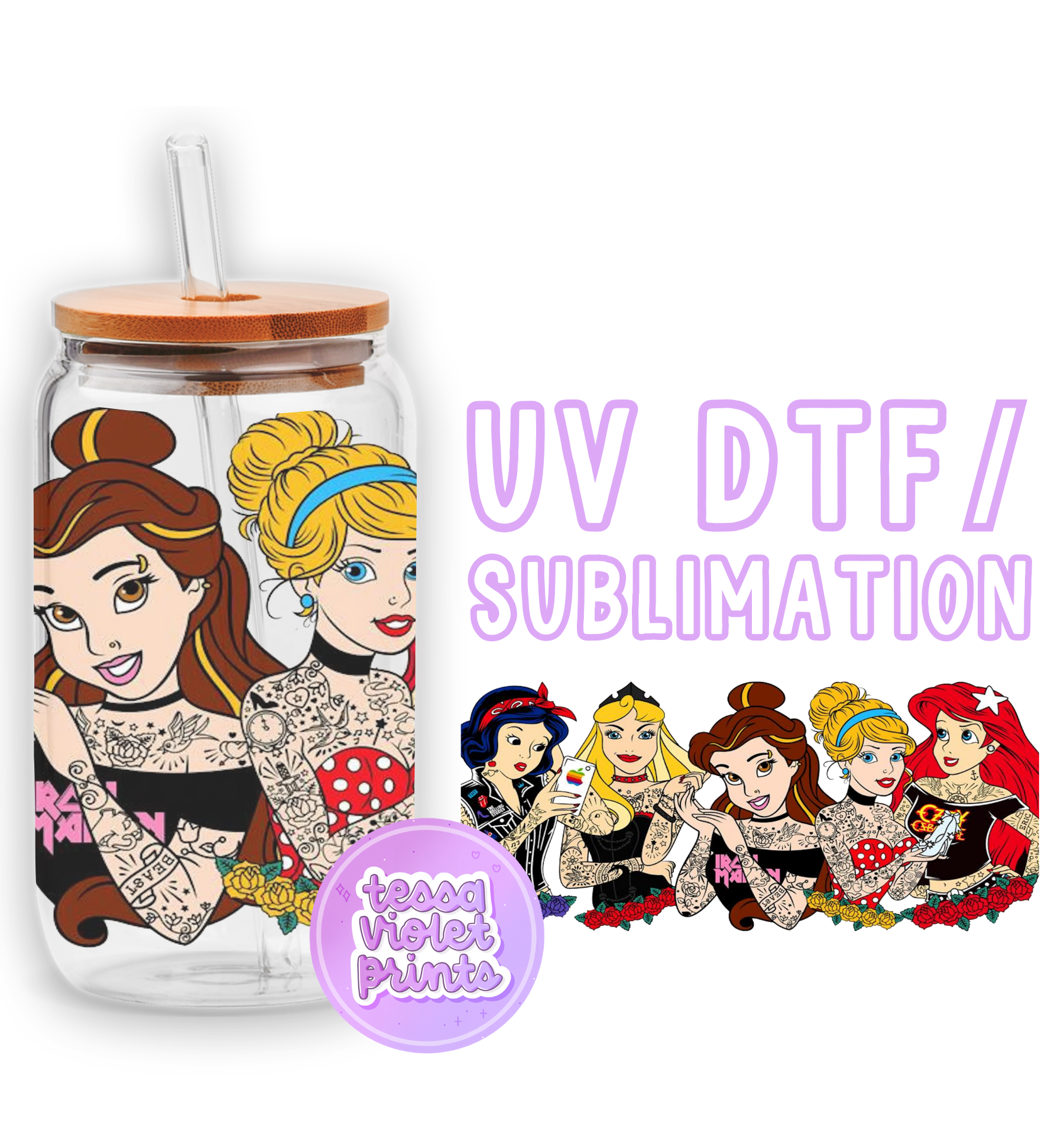 a glass jar with a picture of princesses on it