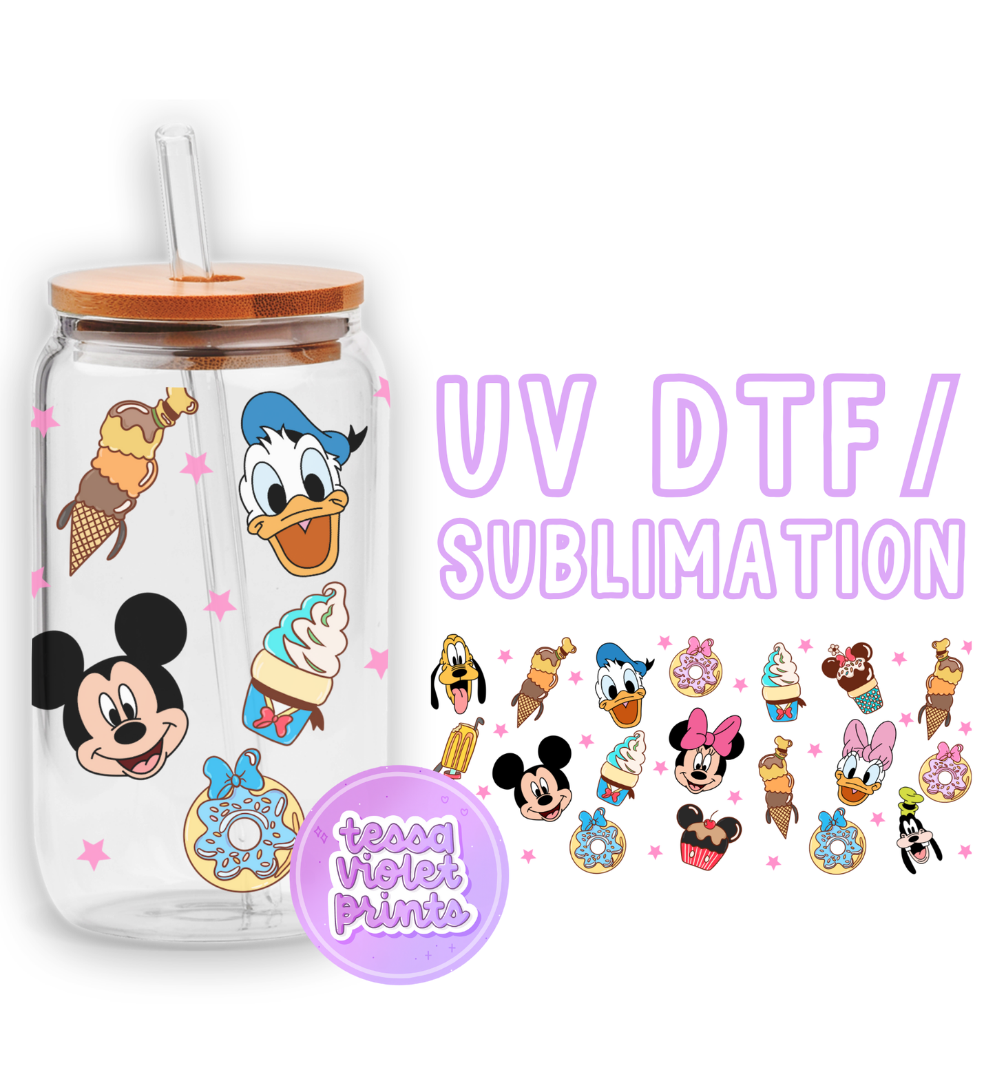 a glass cup with mickey mouse and other cartoon characters on it