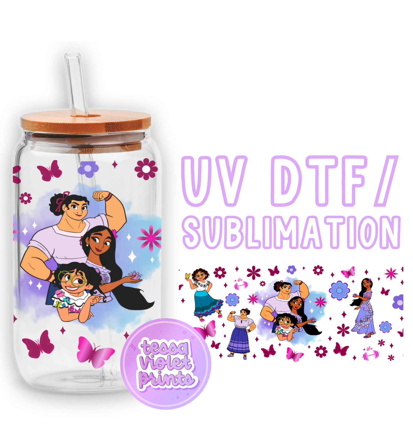 a glass jar with a picture of a woman and two children on it