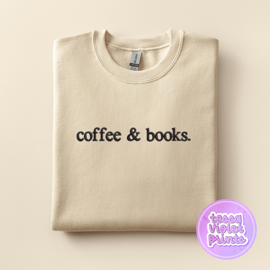 A beige sweatshirt with the text "coffee & books" printed on it.