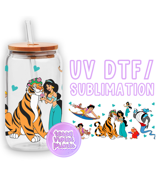 a glass jar with a picture of disney characters on it