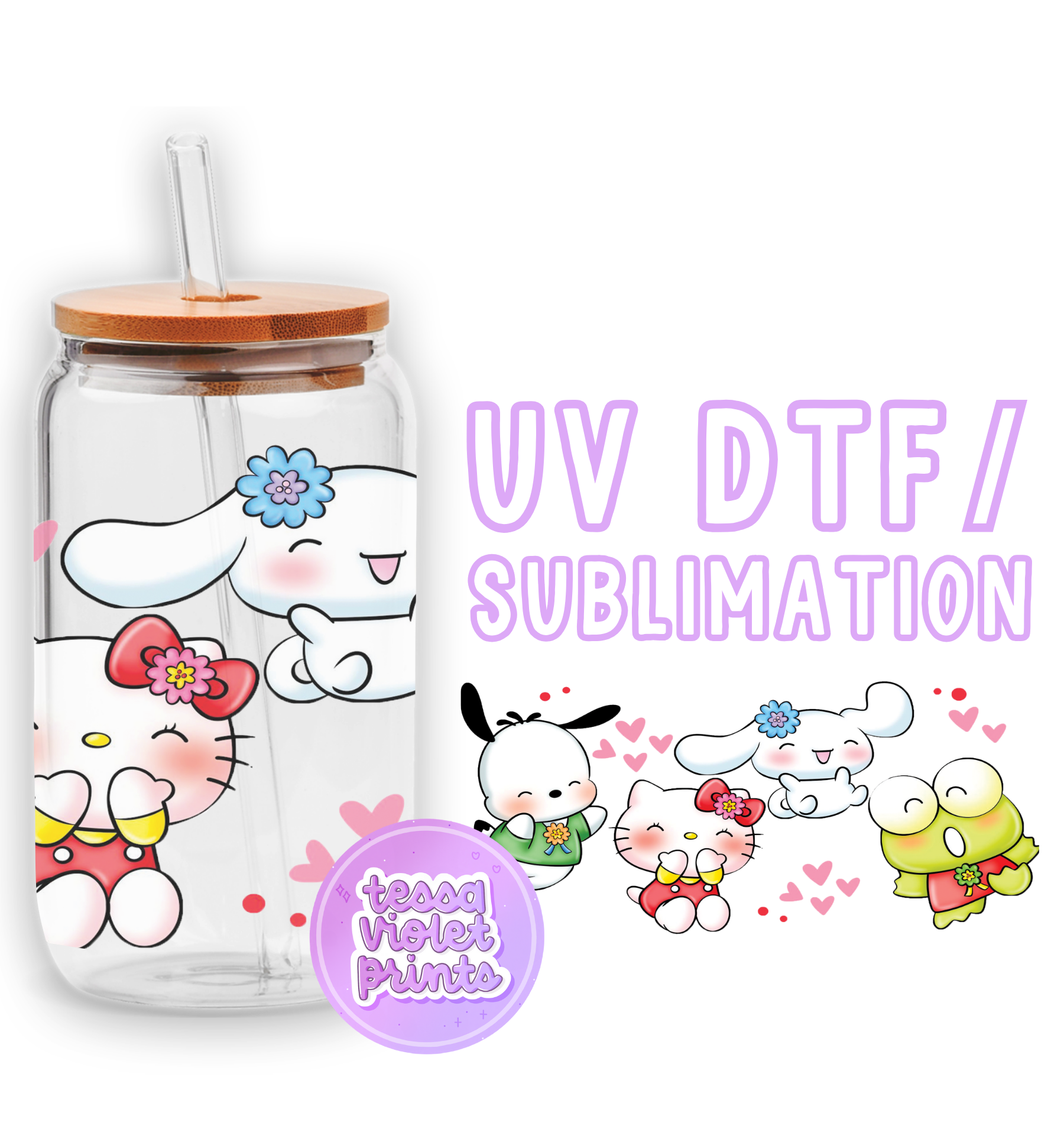 a glass cup with a straw lid and a cartoon character on it