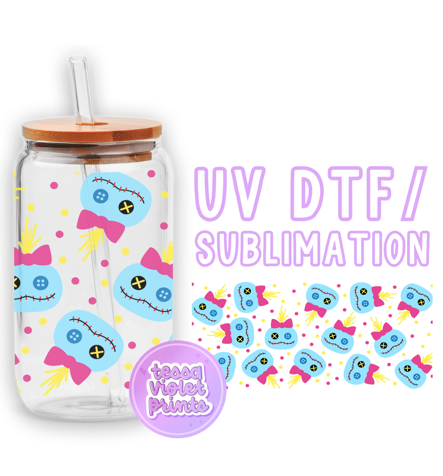 a glass jar with a straw in it and a sticker with a picture of