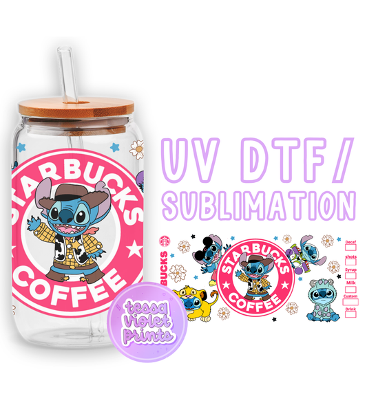 a jar with a straw lid and a sticker with a cartoon character on it