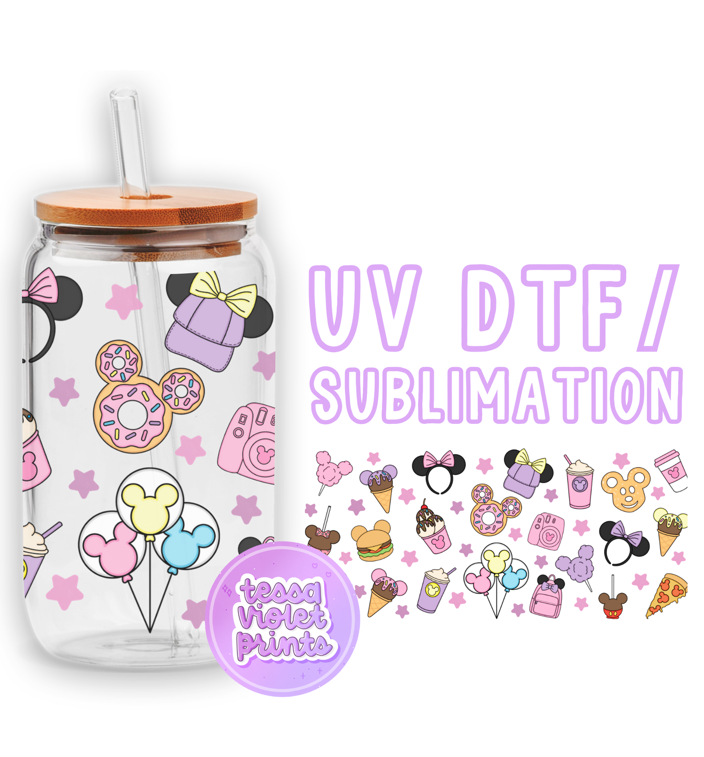 a glass jar with a straw lid and a sticker with a picture of a