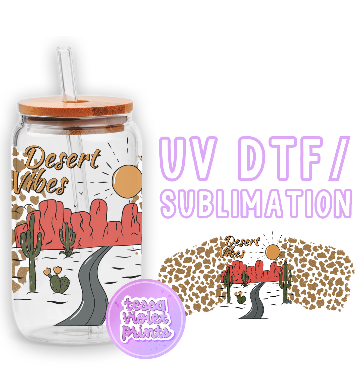 a jar with a straw lid and a sticker with a desert scene on it