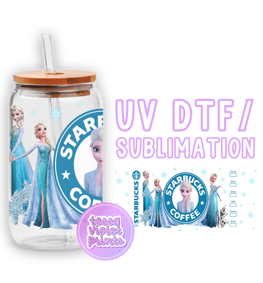 a glass jar with a straw lid and a sticker with a picture of a