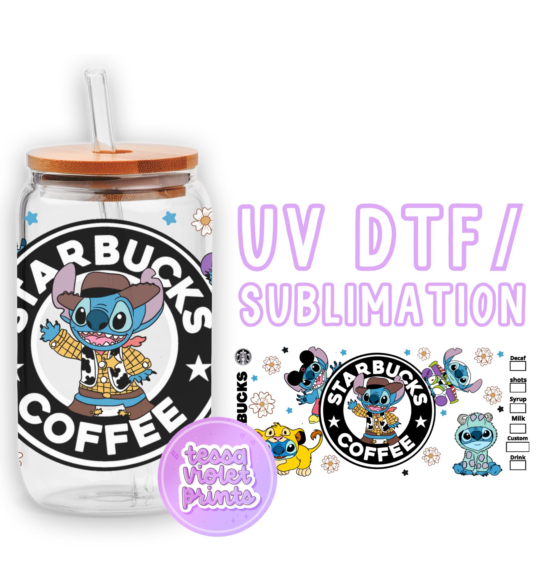 a glass jar with a straw in it and a sticker with a cartoon character