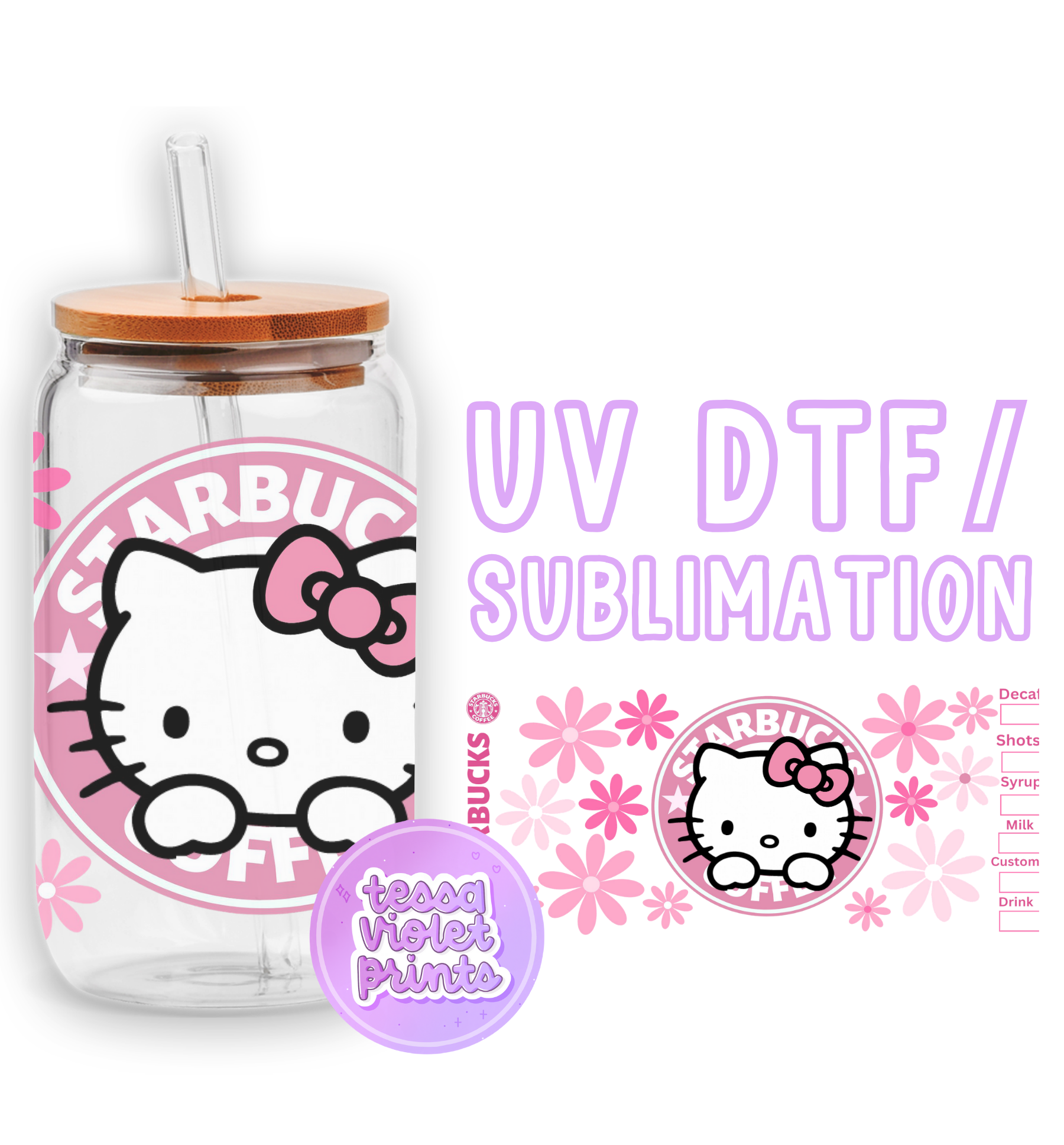 a glass jar with a hello kitty sticker on it