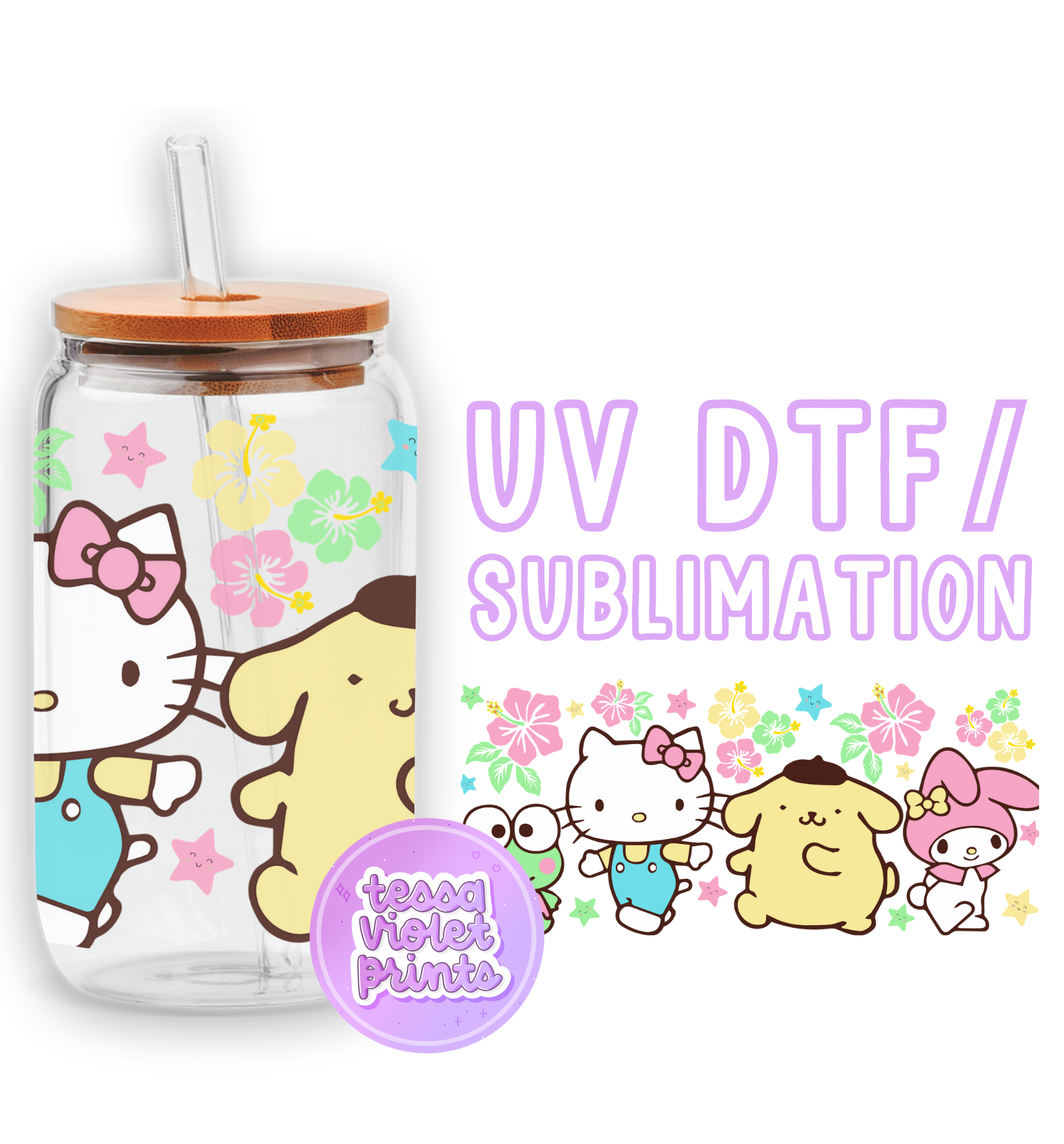 a glass jar with hello kitty stickers on it