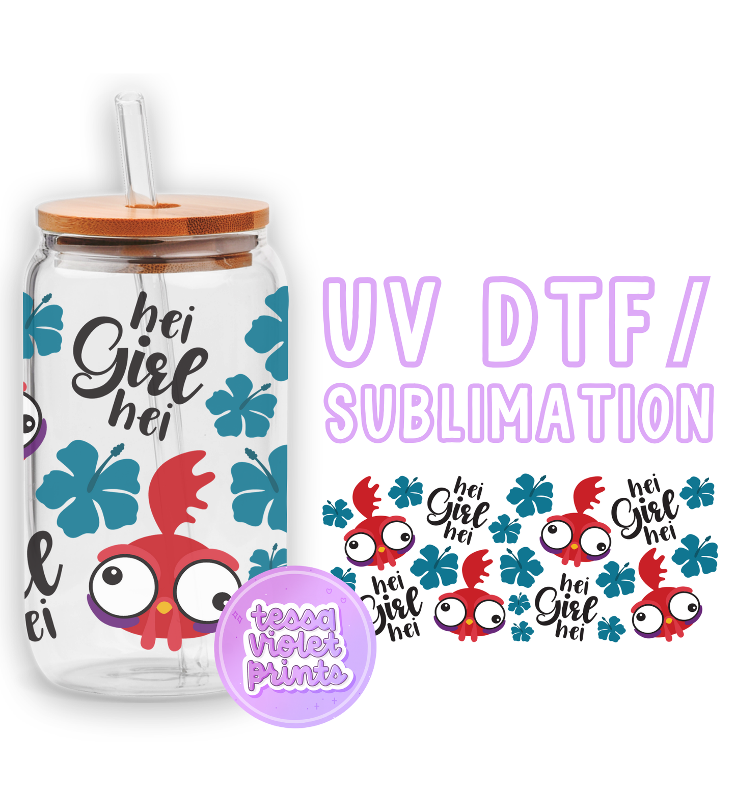 a glass jar with a sticker of a bird on it