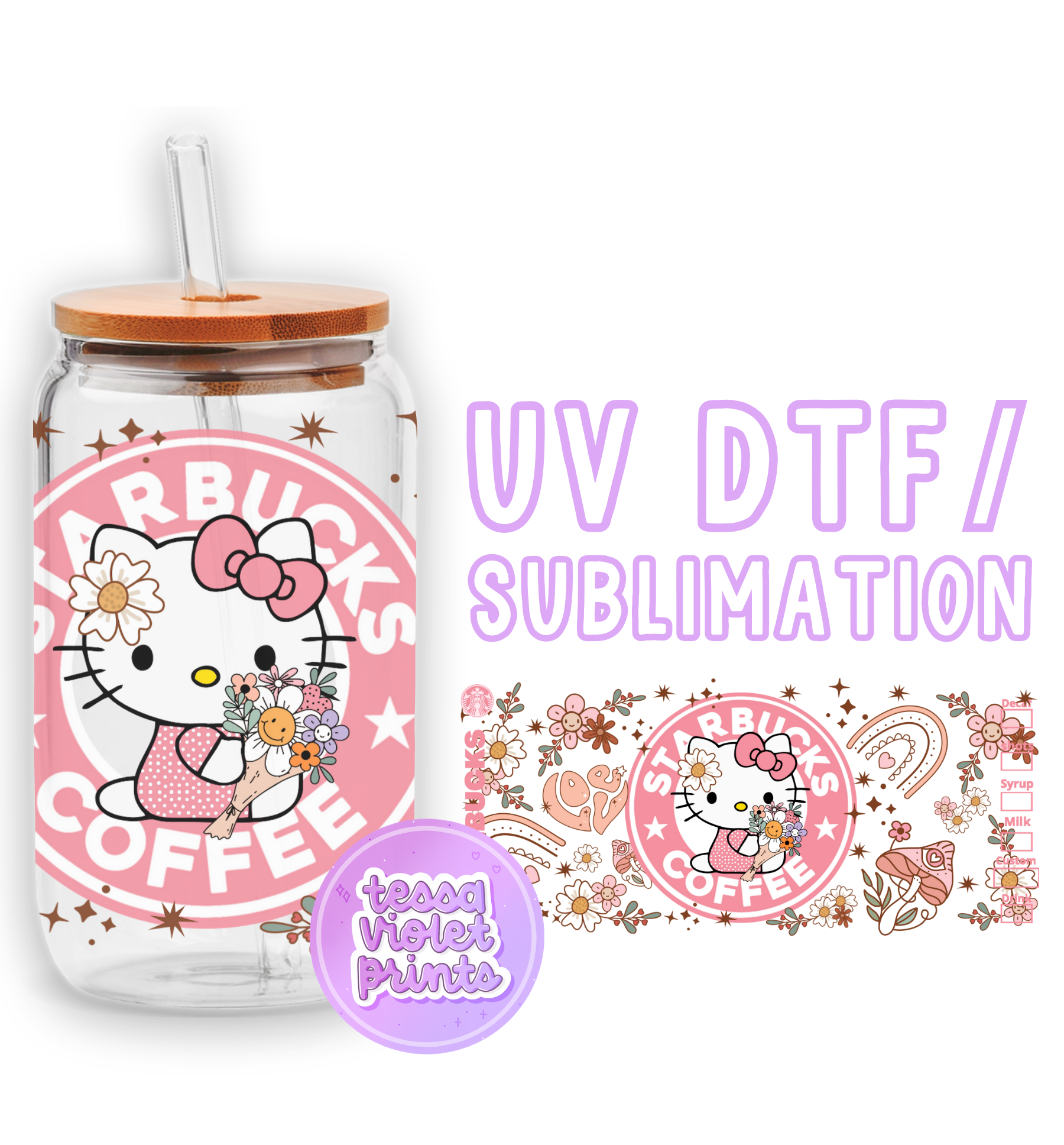 a glass jar with a hello kitty sticker on it