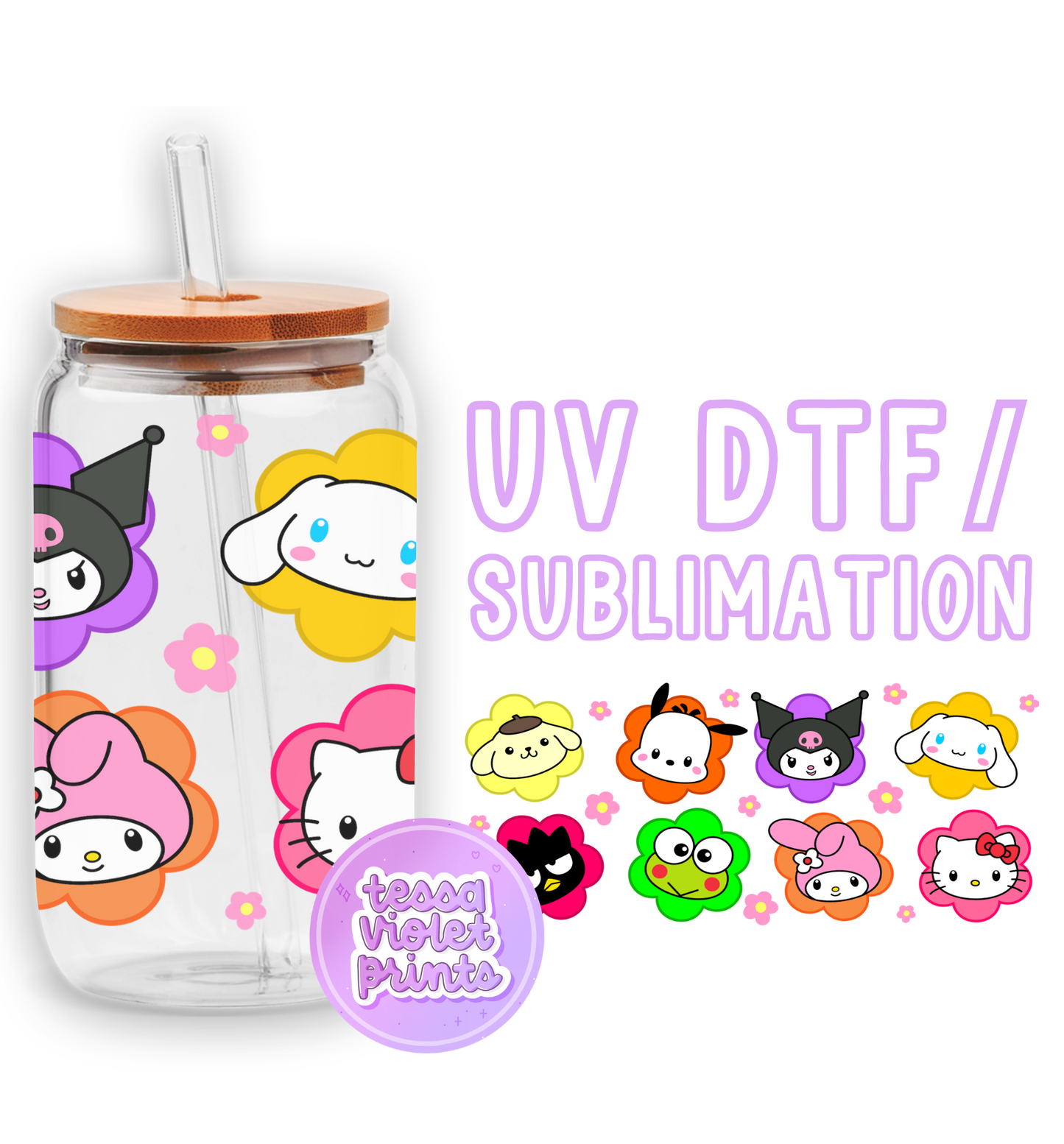 a glass jar with a straw lid and a sticker of cartoon characters on it