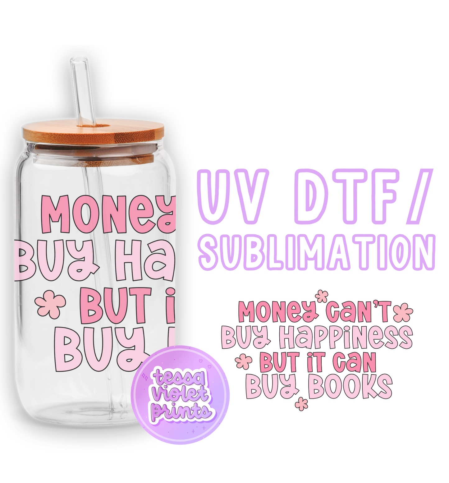 a glass jar with a straw lid and a sticker on it