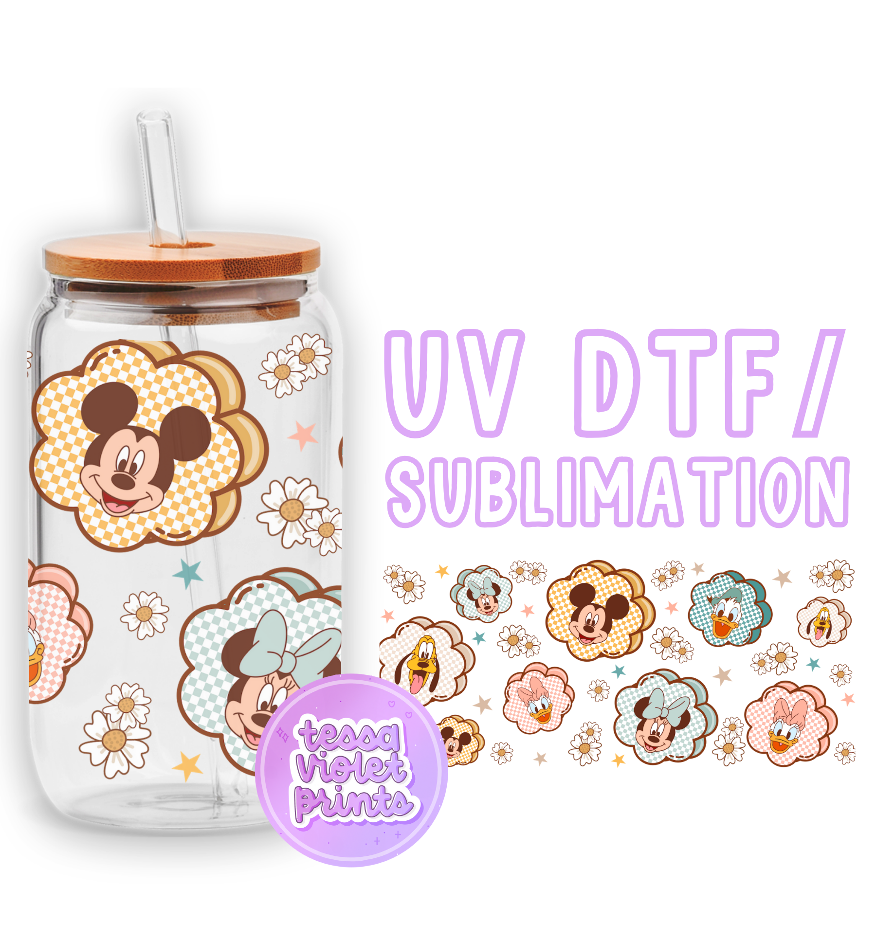 a glass cup with a mickey mouse design on it