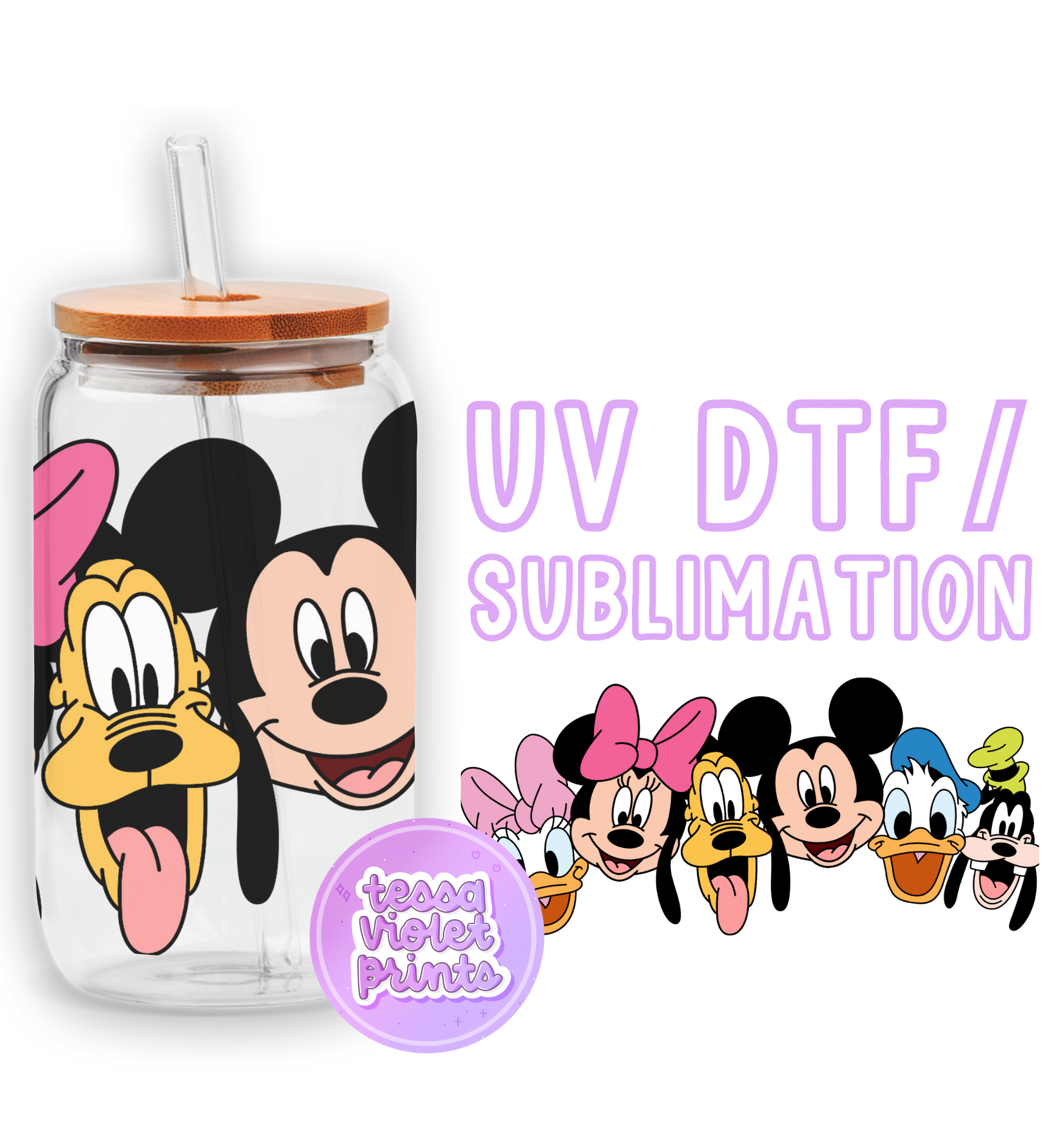 a glass cup with a mickey mouse face on it