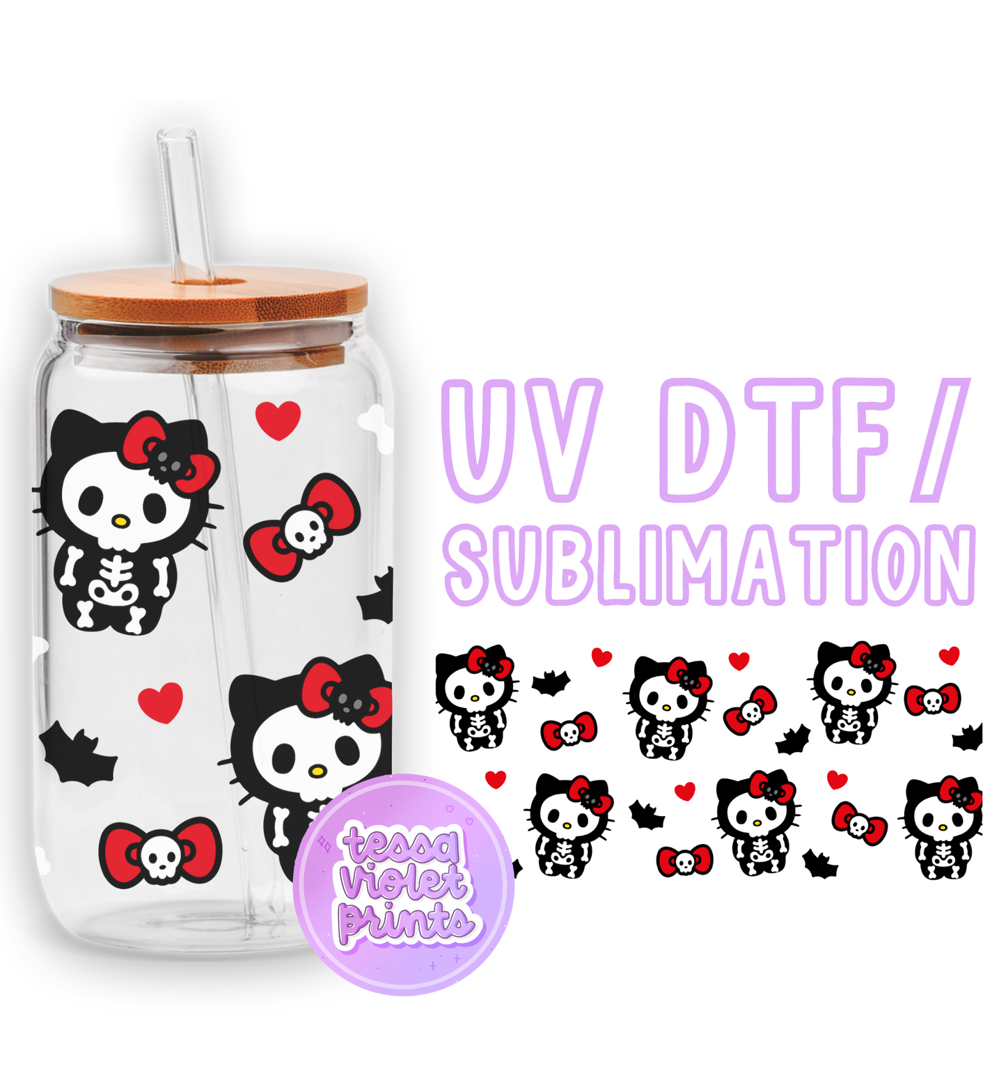 a glass jar with hello kitty stickers on it