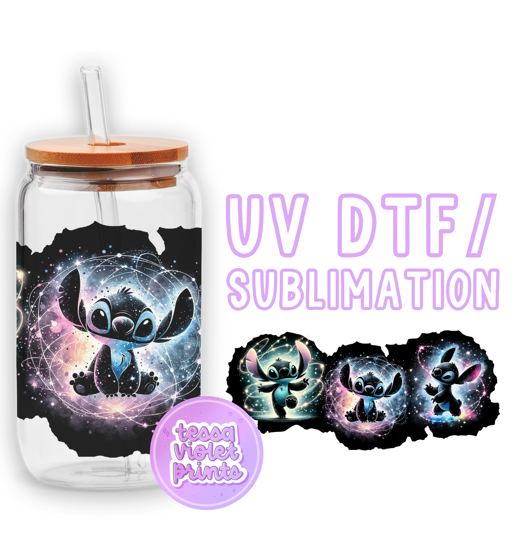 a glass jar with a picture of stitch stitch stitch stitch stitch stitch stitch stitch stitch