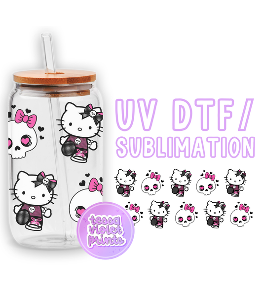 a hello kitty water bottle with hello kitty stickers on it