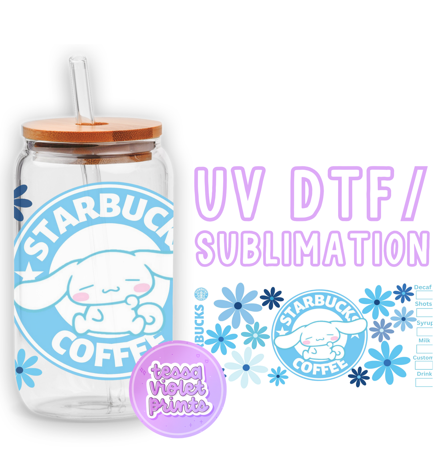 a glass jar with a straw lid and a sticker on it