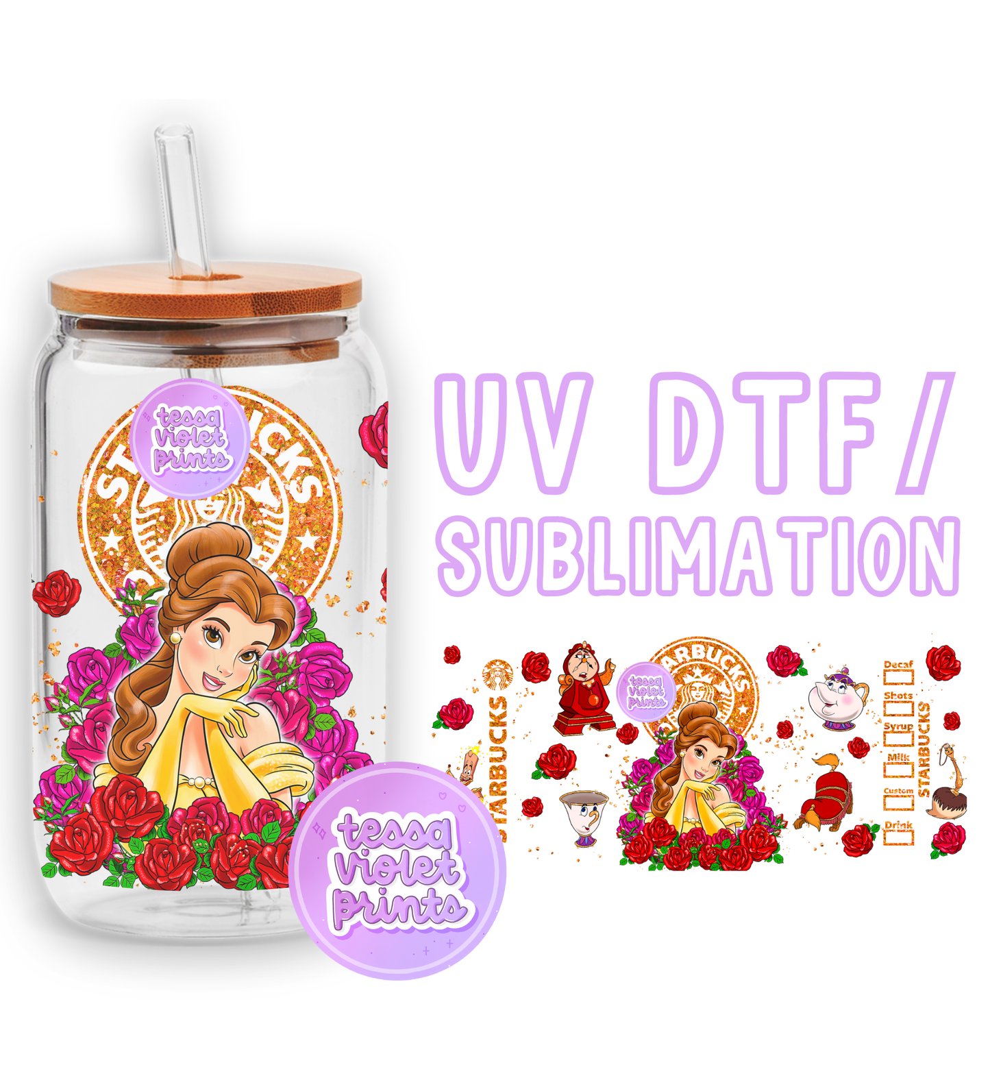 a glass jar with a sticker of a princess on it
