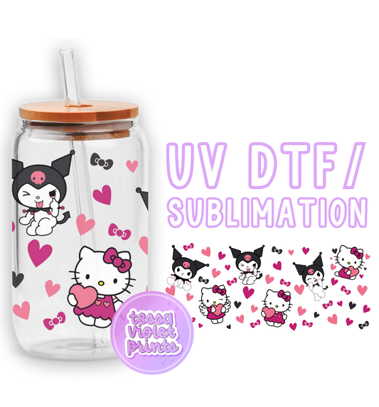 a glass jar with hello kitty stickers on it