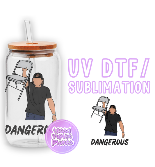 a glass jar with a picture of a man holding a chair