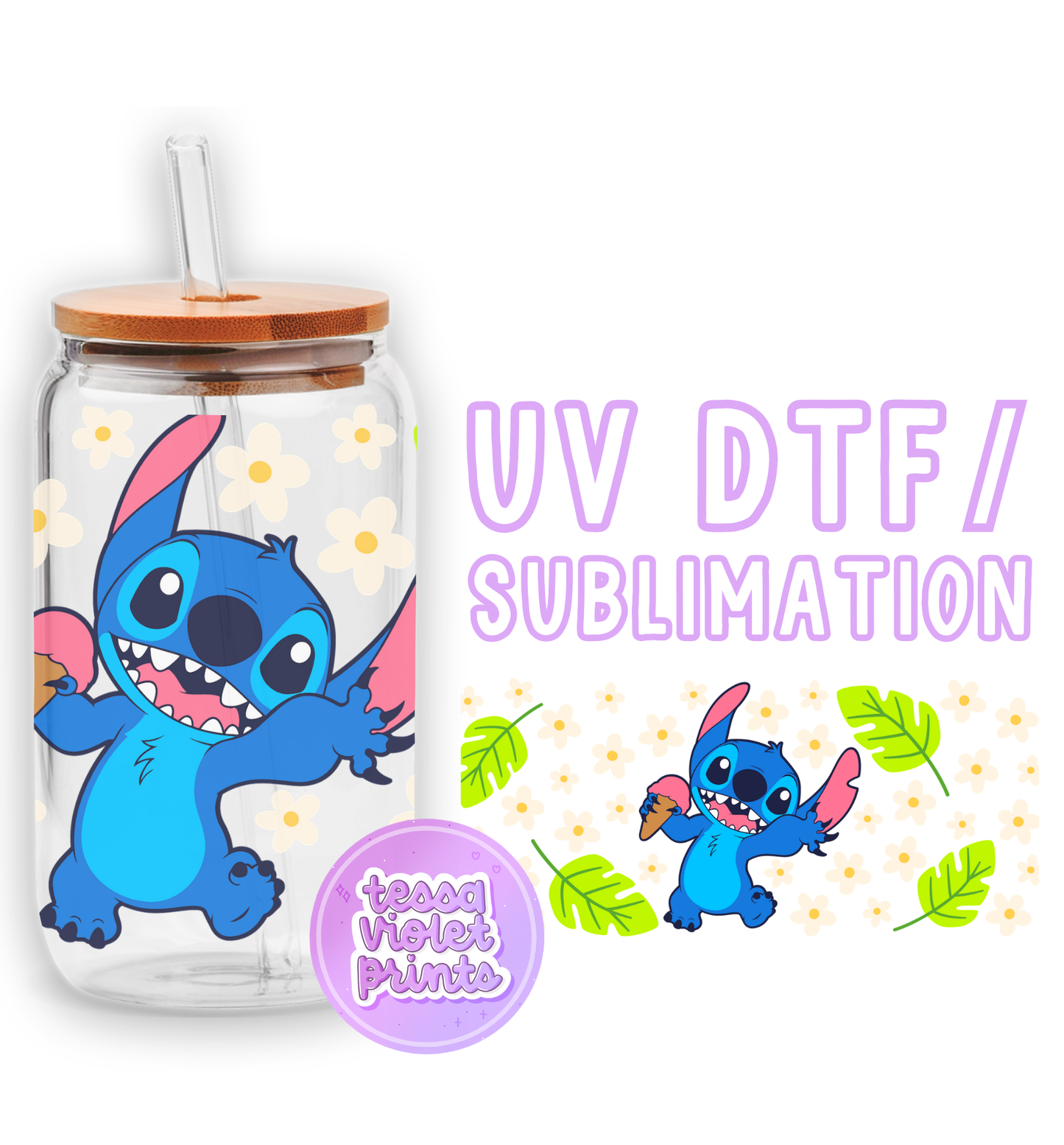 a glass jar with a picture of stitch - stitch stitch stitch stitch stitch stitch stitch