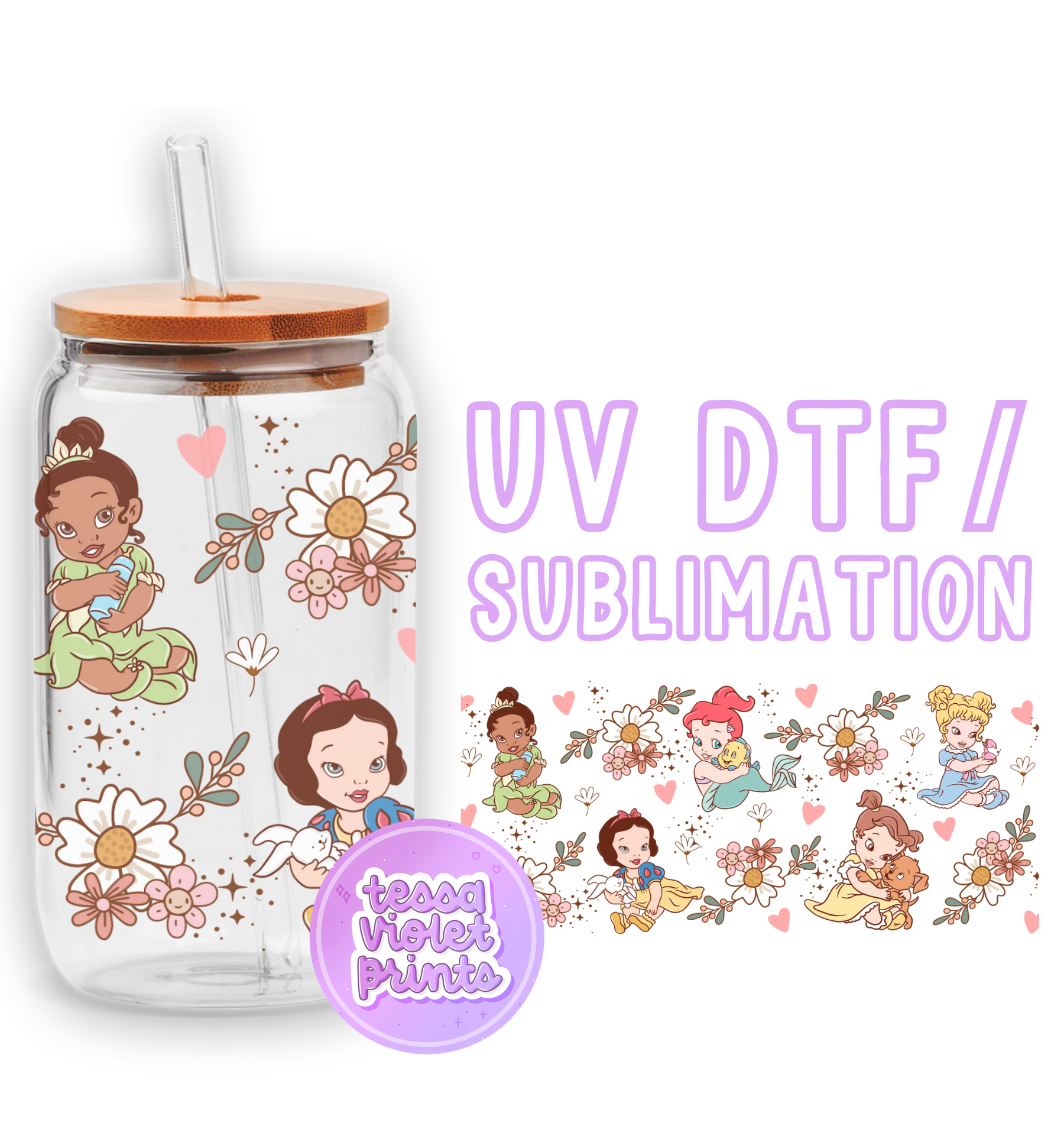 a glass jar with a sticker of princesses on it