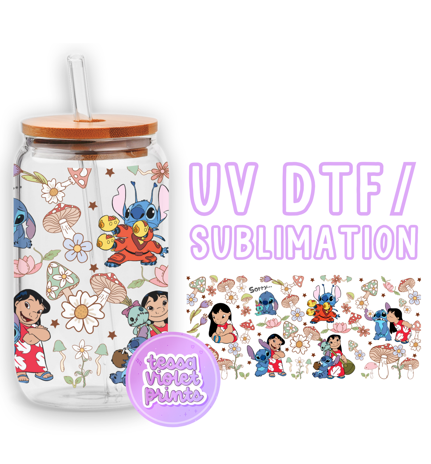 a glass cup with a straw lid and a sticker of cartoon characters on it