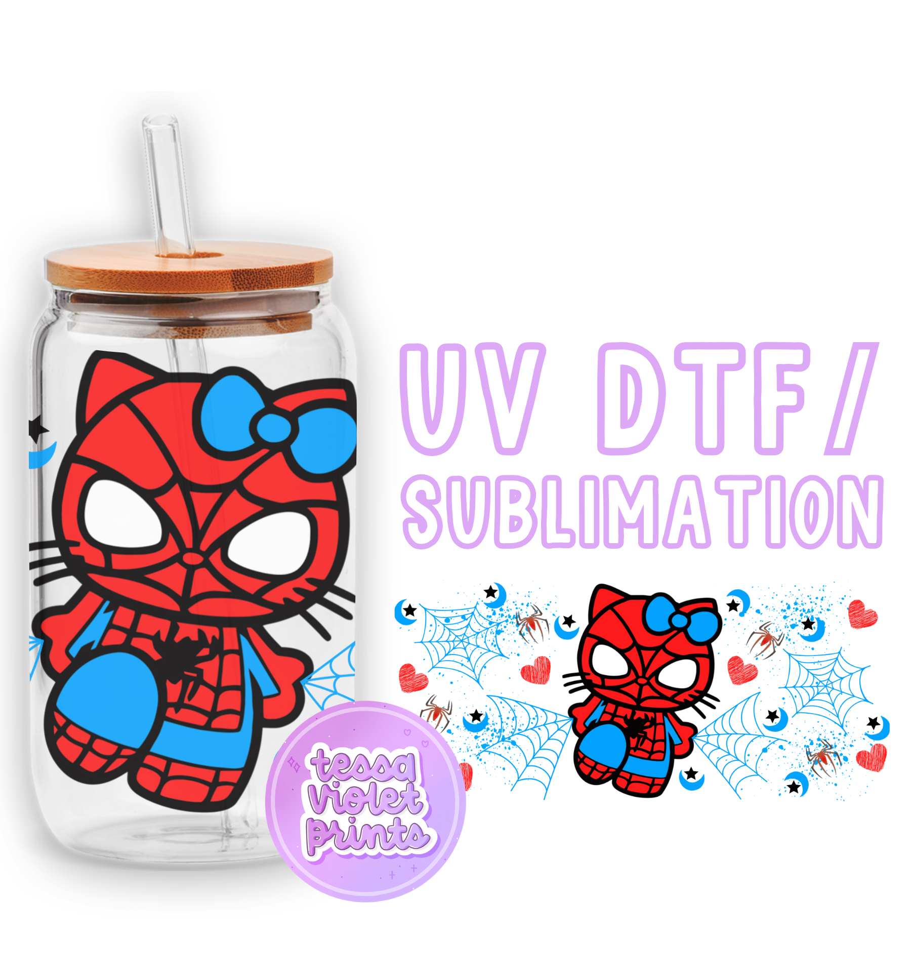 a glass jar with a spiderman and a cat on it