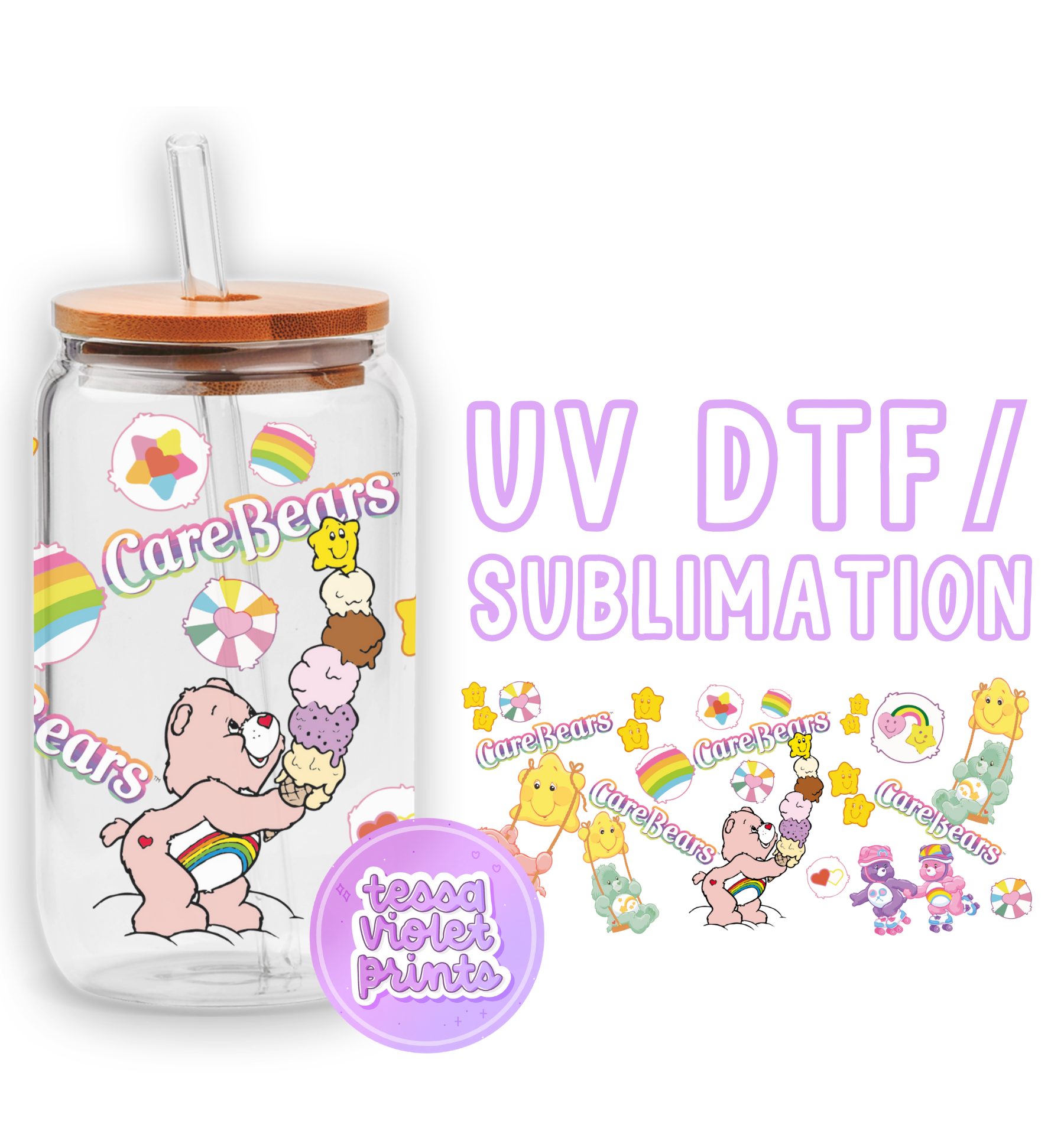 a glass jar with a sticker of a cartoon character