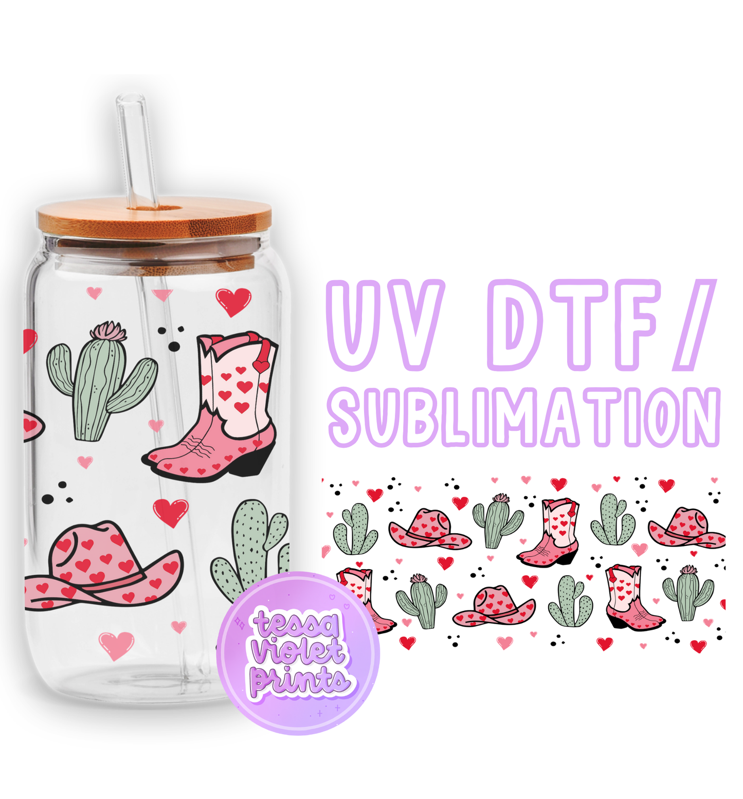 a glass jar with a straw lid and a pattern of boots and cacti