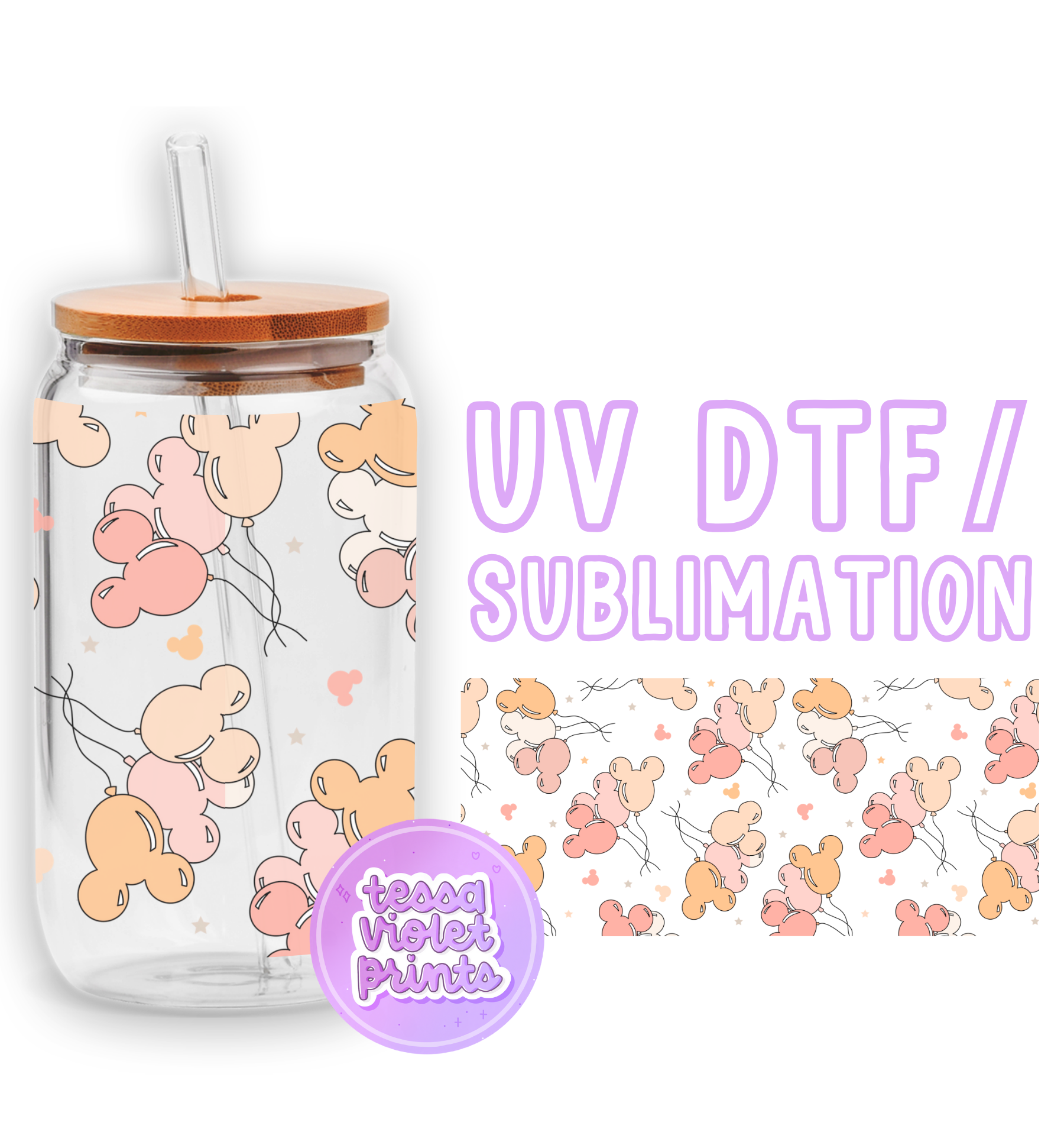 a glass jar with a straw lid and a sticker with a picture of a