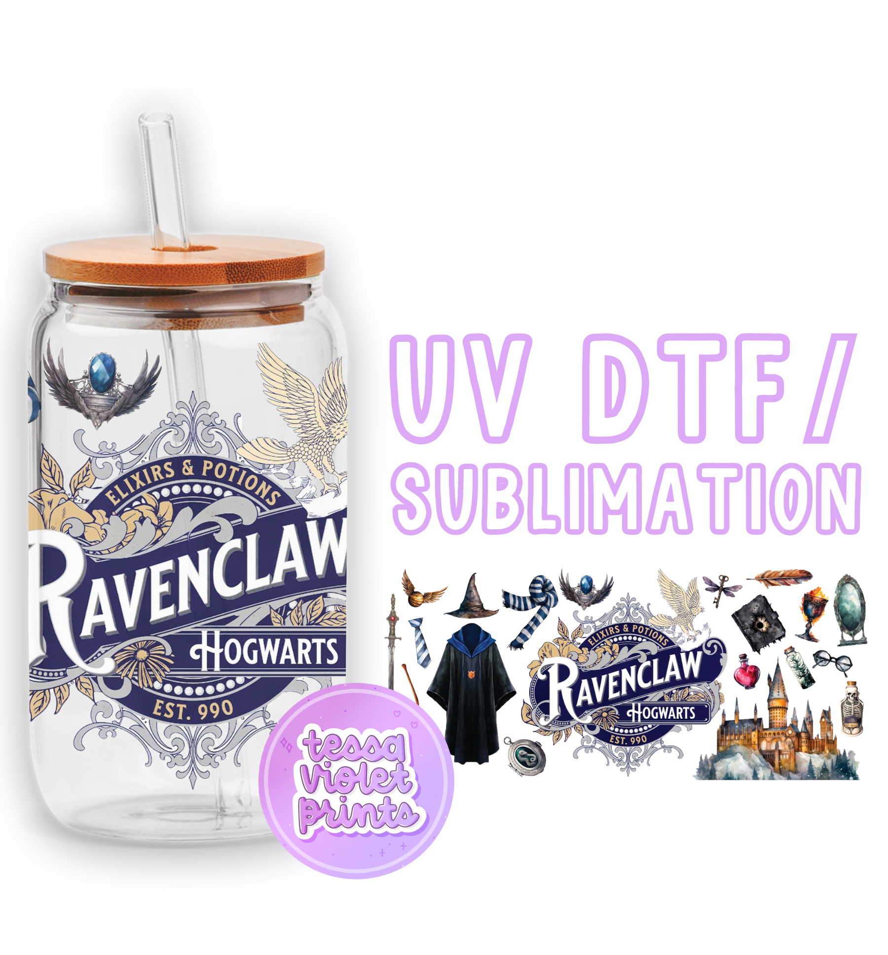 a glass jar with a straw lid and a sticker of ravenclaw
