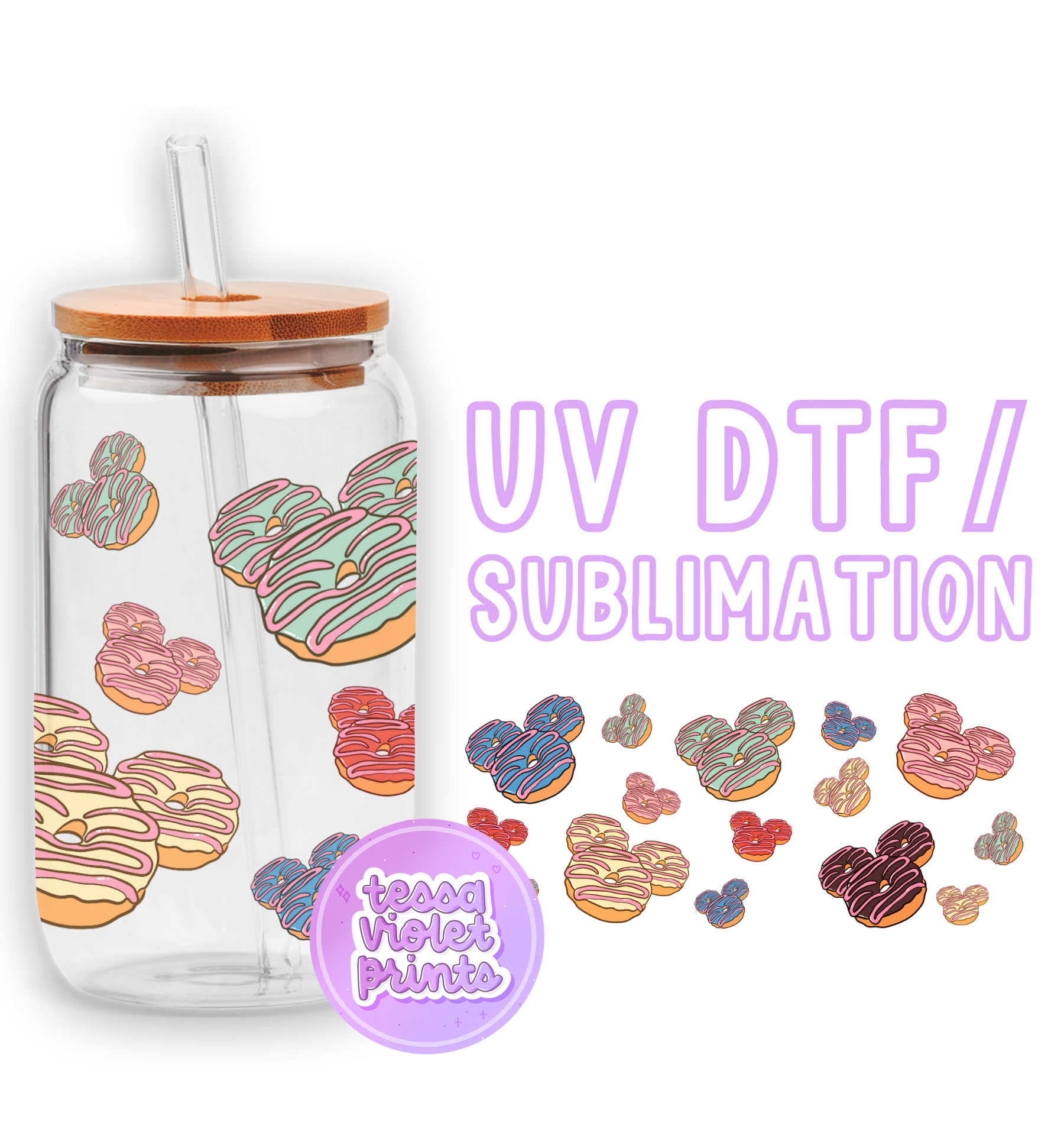 a picture of a glass jar with a lid and a sticker of donuts