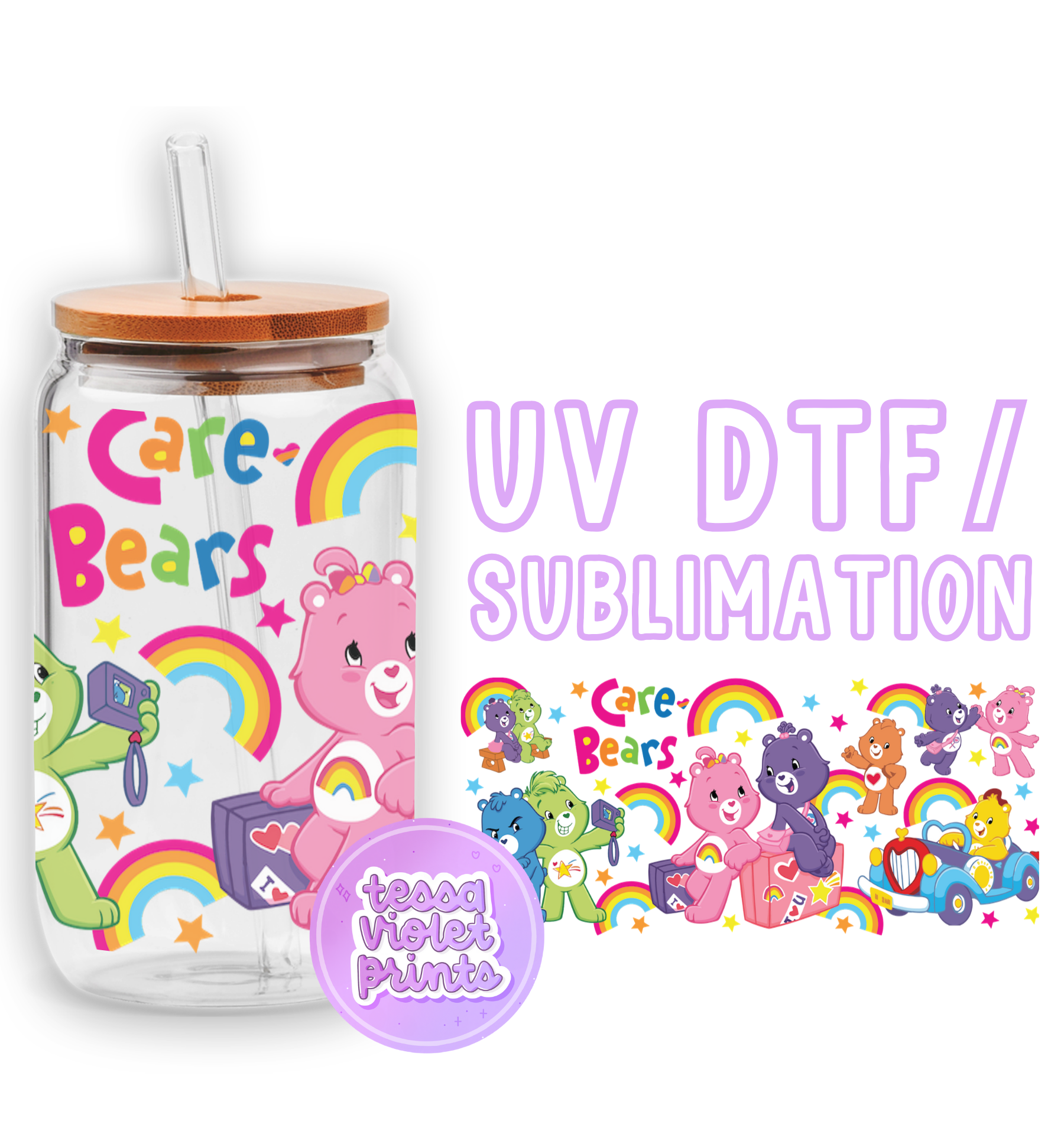 a glass jar with a bear and rainbows on it