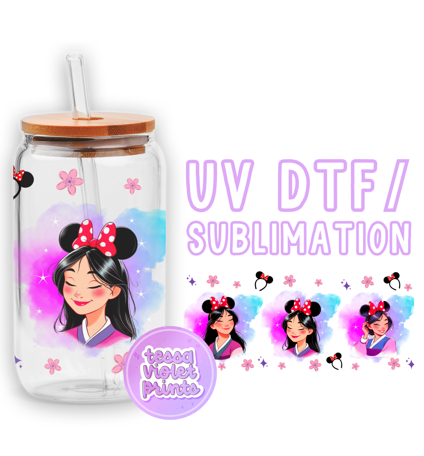a glass jar with a picture of a girl with a minnie mouse head on it