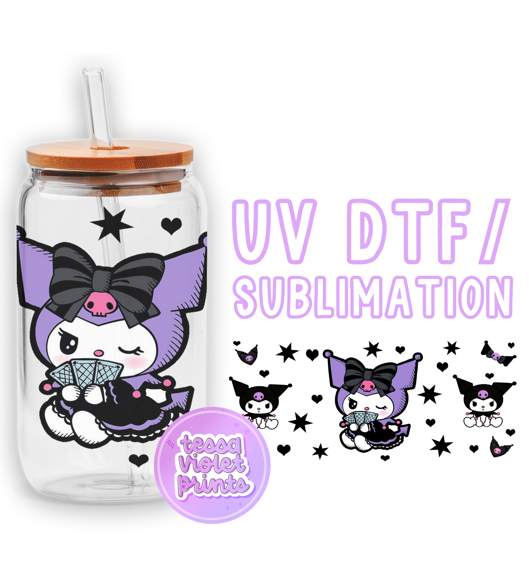 a glass jar with a sticker of a cat holding a card