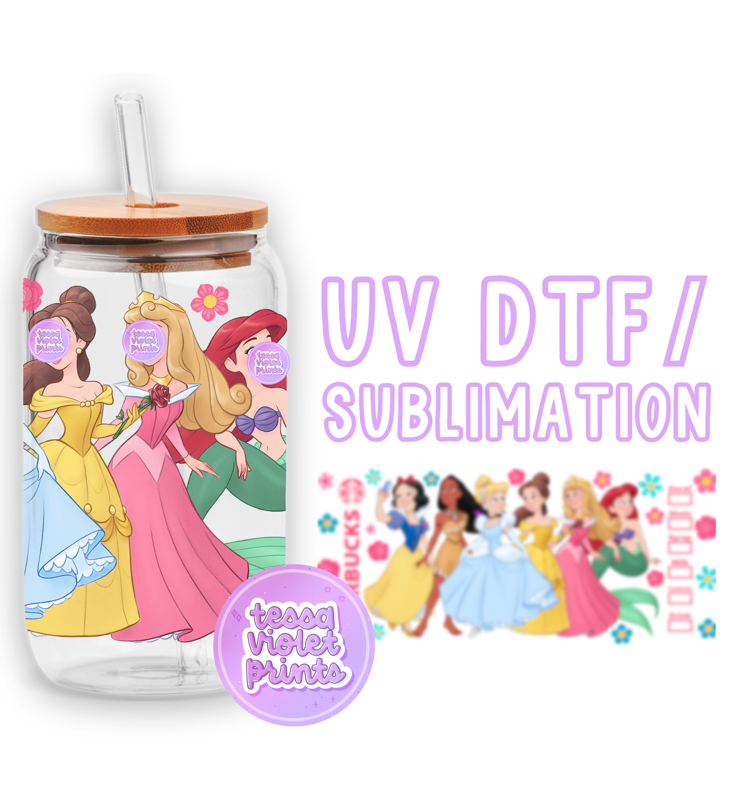 a glass jar with a picture of princesses on it