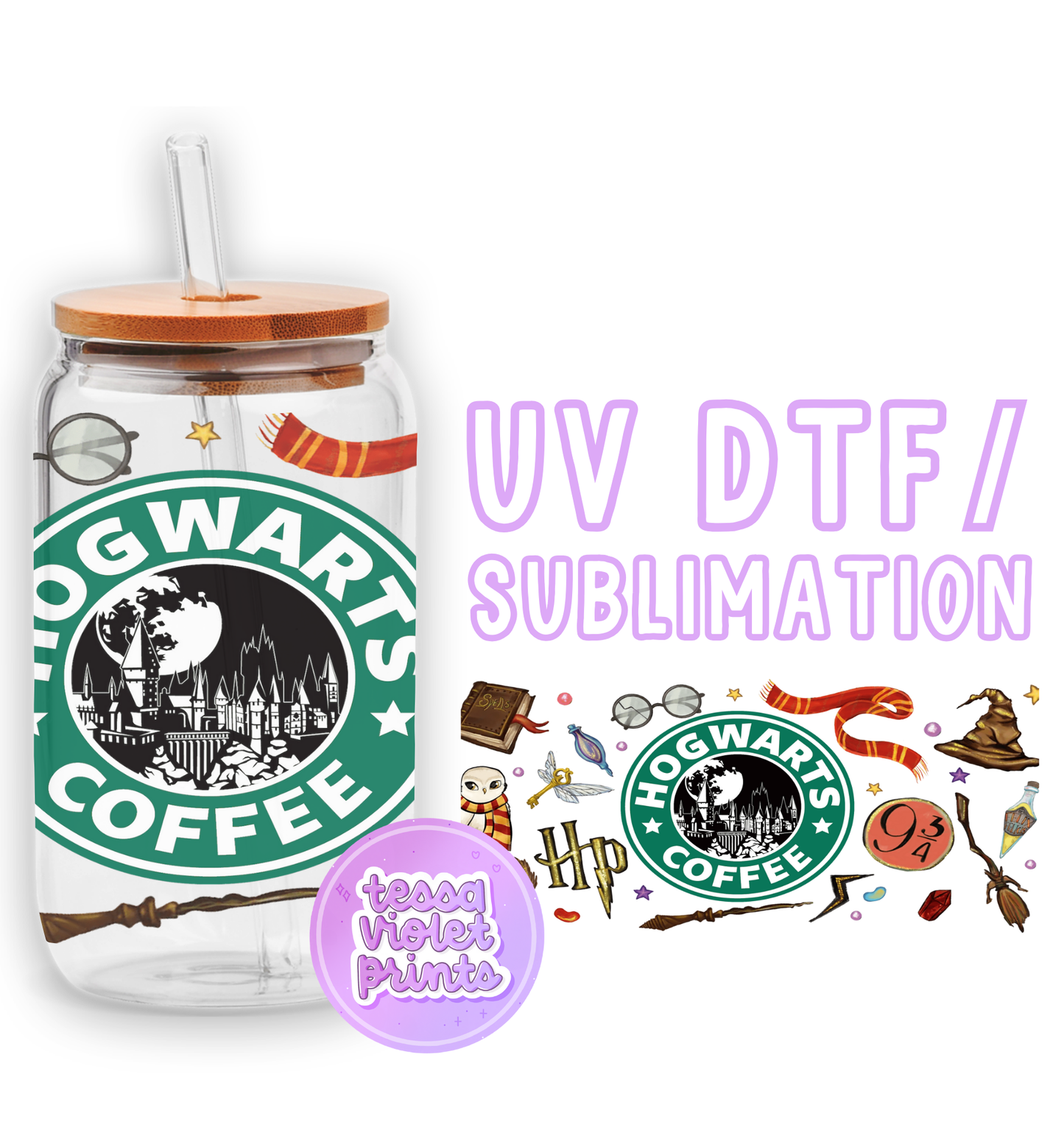 a glass jar filled with coffee next to a sticker